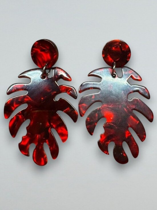 Jewelry - Red Black Statement Leaf Drop Earrings Lightweight Dangle Tropical Bold